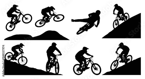 Mountain Biker Silhouettes: Action Sports Downhill Cycling Clipart