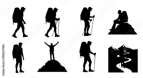Silhouette of hikers with backpacks and trekking poles on mountain path