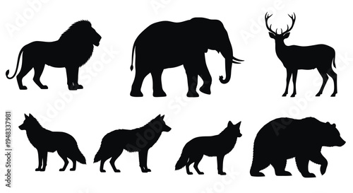 Black silhouette animal icons: lion, elephant, deer, wolf, bear
