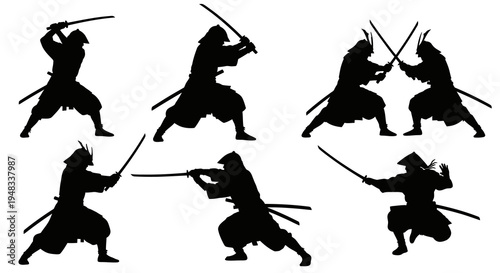 Samurai Warriors Silhouettes Sword Fighting Black  White Vector Art