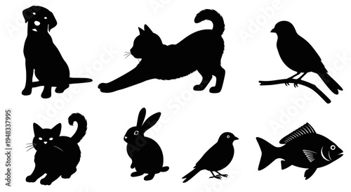 Black  White Silhouette Icons of Pets and Animals, Vector Art