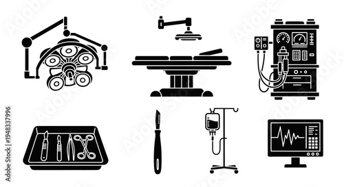 Medical Icons: Surgery Equipment, Anesthesia, IV Drip, Monitor, Black Glyph