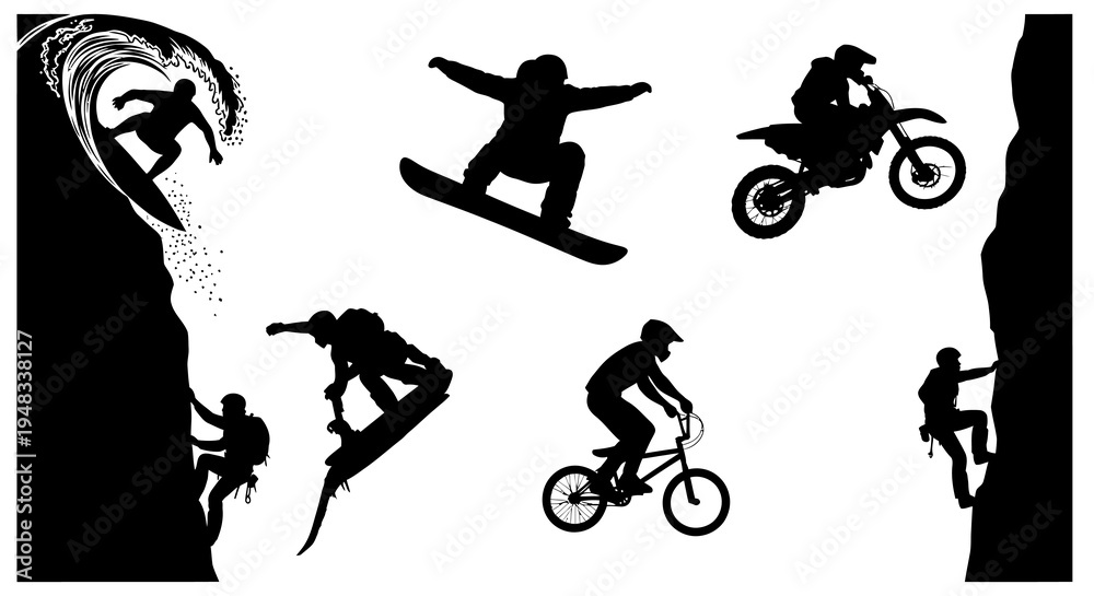 Naklejka premium Extreme Sports Silhouettes: Surfing, Snowboarding, BMX, Motocross, Climbing