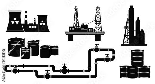 Energy Industry Icons: Power Plant, Oil Rig, Refinery, Tanks, Pipes, Barrels
