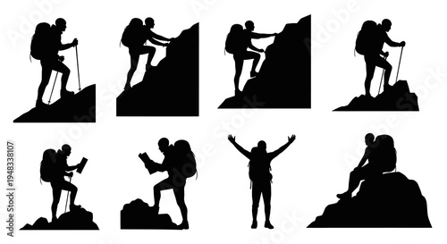 Silhouette of Hikers Climbing Mountains, Set of 8 Vector Icons