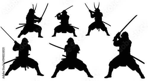 Silhouette of Samurai Warriors in Combat Poses with Swords, Black  White Vector Art
