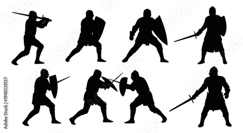 Black  White Silhouette Knights Sword Shield Combat Poses Vector Art