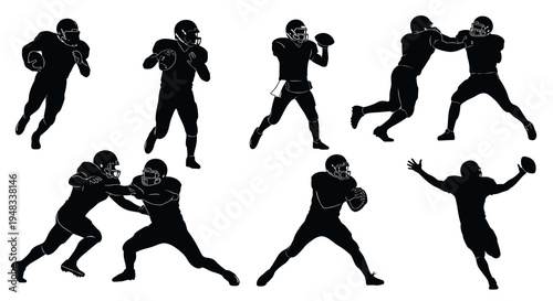 American Football Players Silhouette Set, Sport Action Vector Art