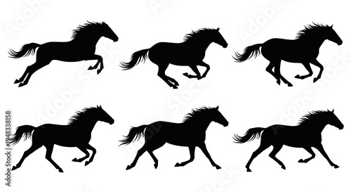 Six Black Horse Silhouettes Galloping in Different Poses