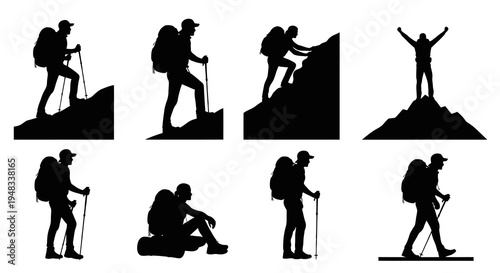 Black  White Silhouette Icons of Hikers Climbing Mountains, Vector Art