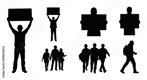 Silhouette People Holding Signs, Walking, Protest, Demonstration, Black  White