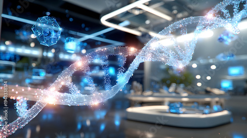 A glowing DNA strand overlaid with holographic AI interface inside a futuristic lab.