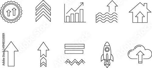 Set of thin line growth icons featuring arrows rocket ship bar charts rising clouds and house symbols for financial success concepts