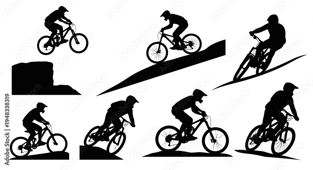 Obraz premium Black White Silhouette of Mountain Bikers in Various Poses