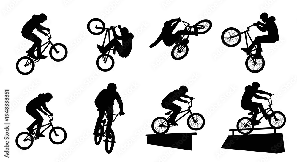 Fototapeta premium Black White Silhouette BMX Freestyle Bicycle Tricks Set