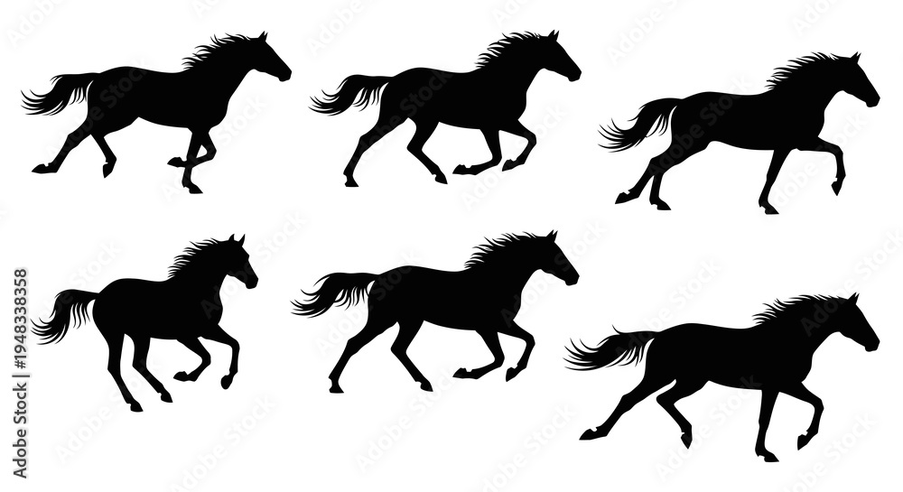 Obraz premium Black Silhouette Horses Galloping in Sequence, Vector Art