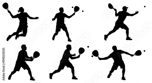 Silhouette of 6 men playing paddle tennis, action shots, sports, vector