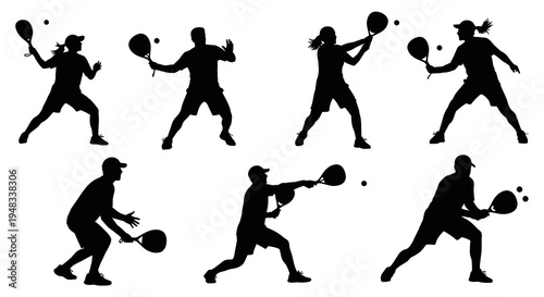 Black  White Silhouettes of People Playing Tennis, Sports Vector