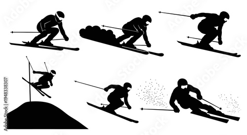 Black and White Silhouette Icons of Skiers in Action