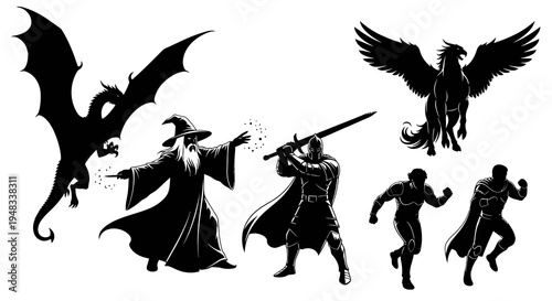 Fantasy Black and White Silhouettes of Dragon, Wizard, Knight, Pegasus, Heroes