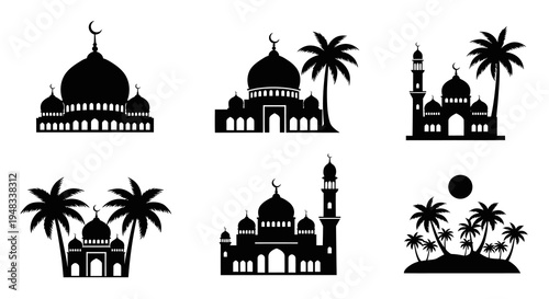 Islamic Mosques and Palm Trees Black Silhouette Icons Set