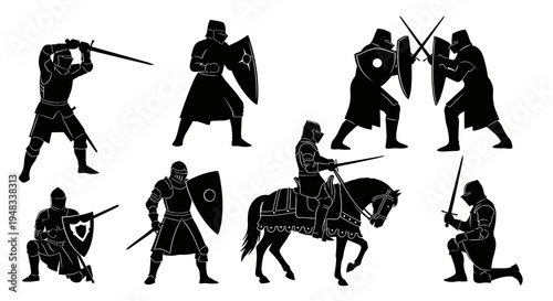 Black  White Knights in Armor with Swords and Shields, Vector Art