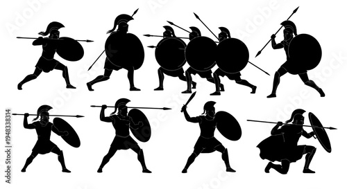 Ancient Greek Spartan warriors in silhouette, black and white vector art