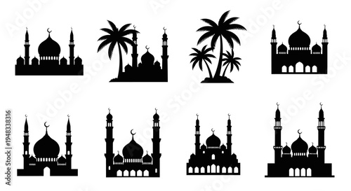 Islamic mosque silhouette icons, Muslim architecture, Ramadan symbols