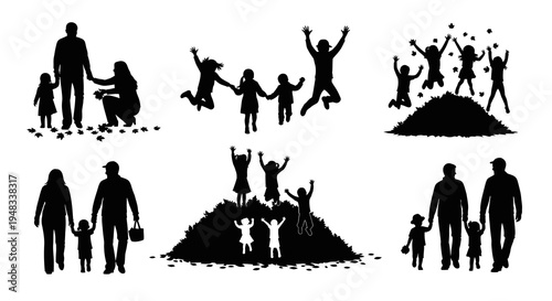 Silhouette Family Of Six Happy Jumping People And Kids On Heap Of Leaves
