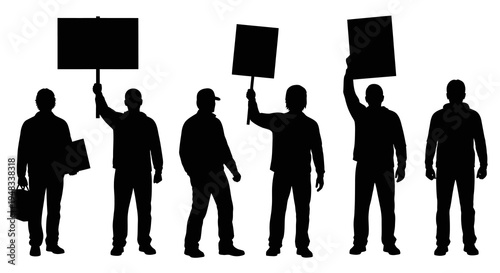 Silhouette of Protesters Holding Signs, Vector Illustration, Black  White