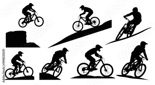 Black  White Silhouette of Mountain Bikers in Various Poses