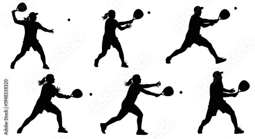 Silhouettes of Tennis Players in Action, Dynamic Padel Tennis Poses, Vector Art