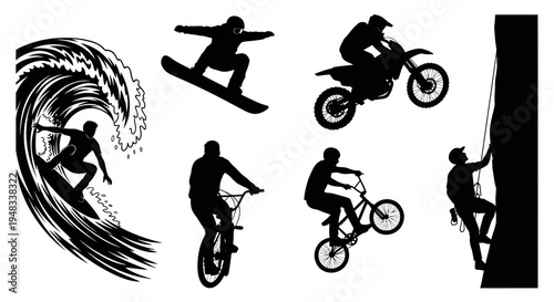 Black  White Silhouette of Extreme Sports Athletes - Surfing, Snowboarding, Biking, Motorcross, Climbing