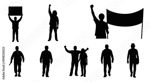 Black Silhouette Protestors with Signs and Banner, Protest Art Style