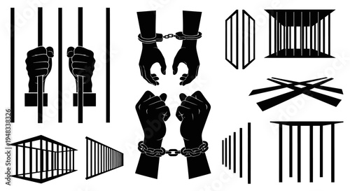 Black and white prison bars, cage, and handcuffs vector icons
