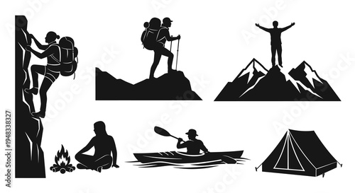 Black and white silhouettes of outdoor adventure and camping activities