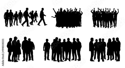 Black  White Silhouettes of Crowds and Groups of People