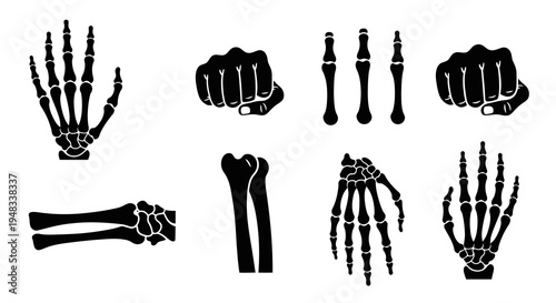 Black and White Skeleton Hands and Bones Glyph Icons Set