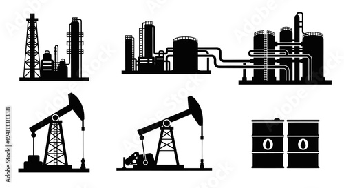 Black  White Oil Industry Icons: Refinery, Pumpjack, Barrels, and Tower