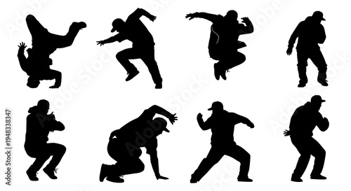 Breakdance Silhouette: Dynamic Hip Hop Dancer Poses Vector Art