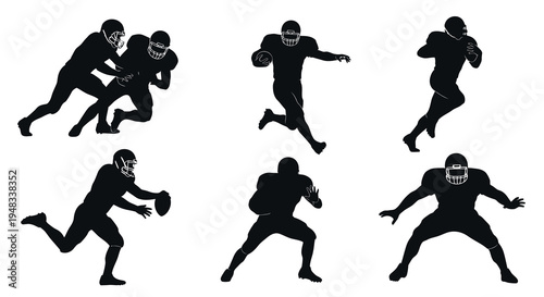 Black Silhouette American Football Players Action Poses Vector Set