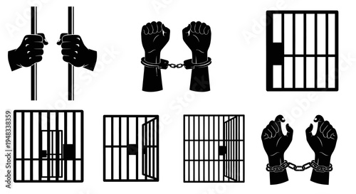Black and White Icons of Handcuffs, Jail Bars, and Cages