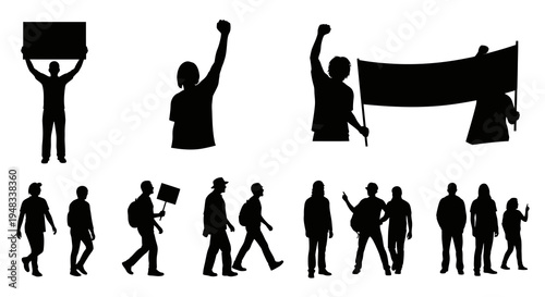 Black  White Silhouettes of Protestors with Signs and Banner