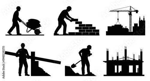 Construction worker silhouettes, building site, industrial equipment, black and white icons