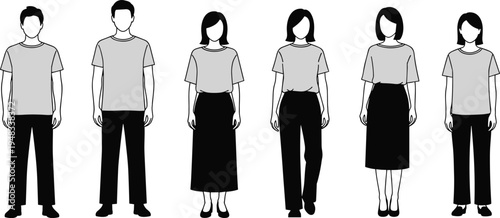 Six illustrated individuals standing side by side in monochrome casual and semi‑formal outfits, symbolizing clothing diversity, gender representation, lifestyle design, and modern fashion concepts.