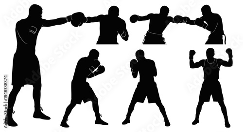 Black Silhouette Boxers in Fighting Poses Vector Art