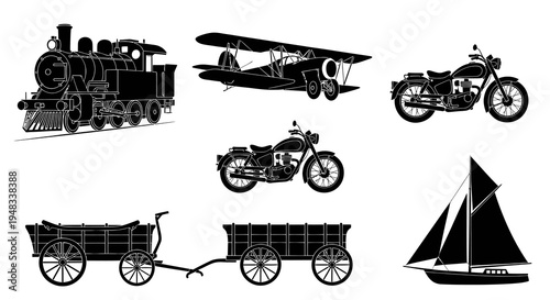 Vintage Transportation Collection: Train, Plane, Motorcycles, Cart, Sailboat - Black and White Line Art