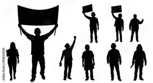 Protestors Silhouette, People Holding Banners, Social Activism Black and White Vector