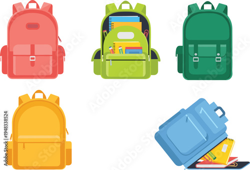 School backpack vector set, colorful student bags with books and stationery supplies, education study accessories collection isolated on white background