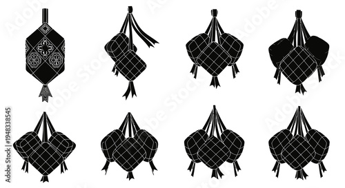 Black  White Ketupat Icons, Ramadan Food, Geometric Decorative Islamic Design
